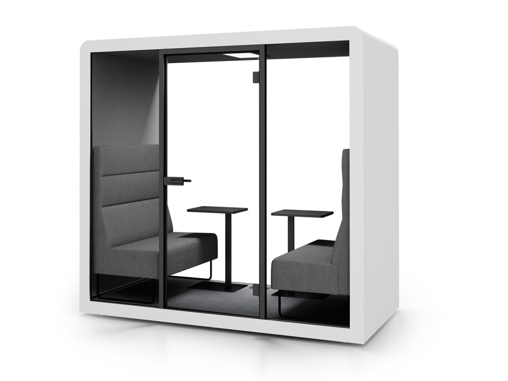 silen space 2 in white with grey furniture and two tables