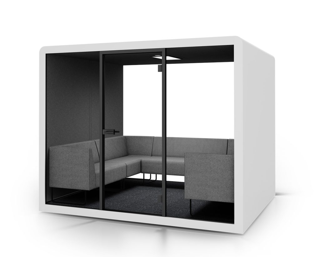 silen space xl in white with a sectional grey sofa
