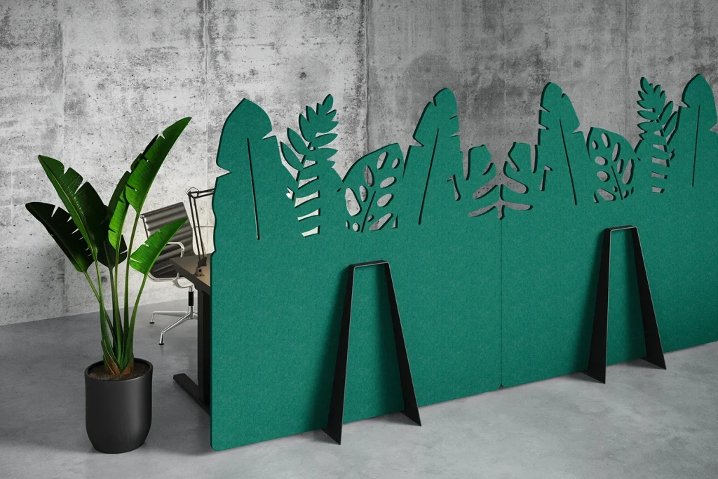 Echocove stand silhouette forest in an interior space with cement-like walls