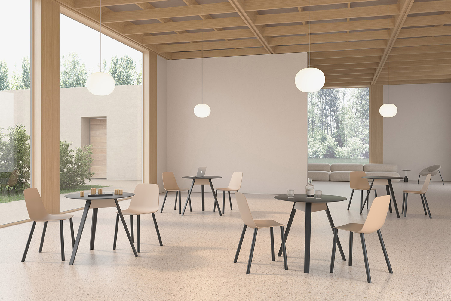 lounge are or work cafe with multiple trivio tables