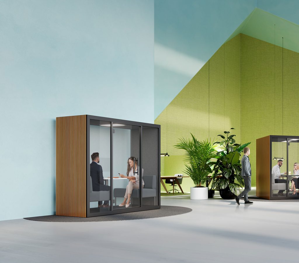 silen chatbox duo with a slatted wall and two people inside discussing in a bright colored room