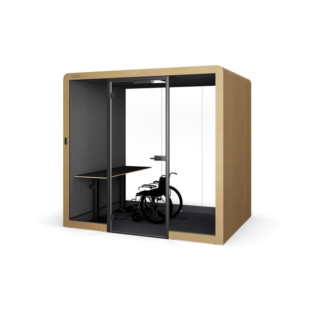 Silen Hybrid space 2 plus pod with a wheelchair in front of a desk in white background