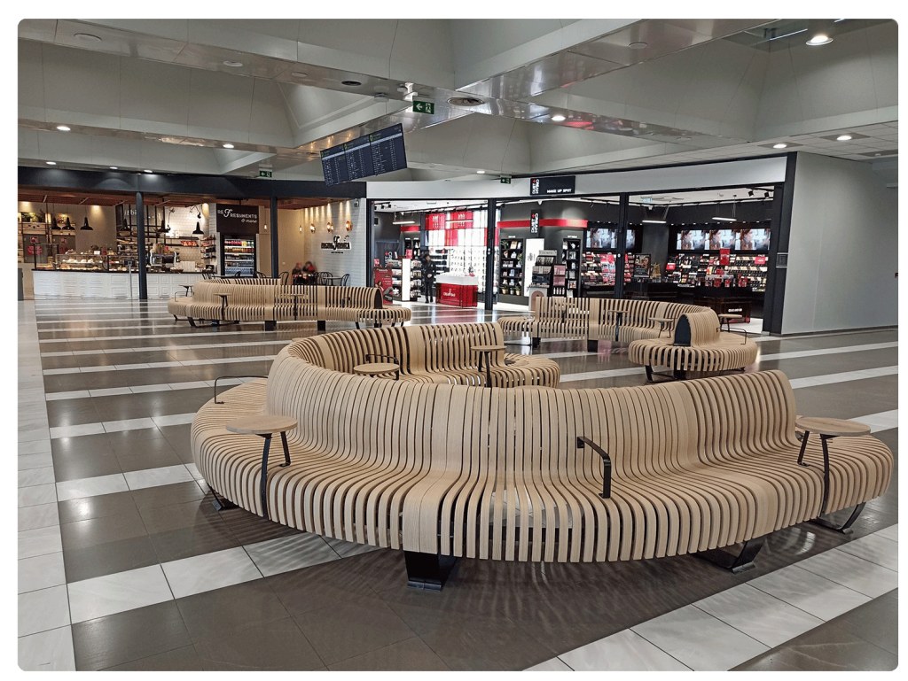 view of the installed green furniture concept seating solution at the Thessaloniki Airport Makedonia
