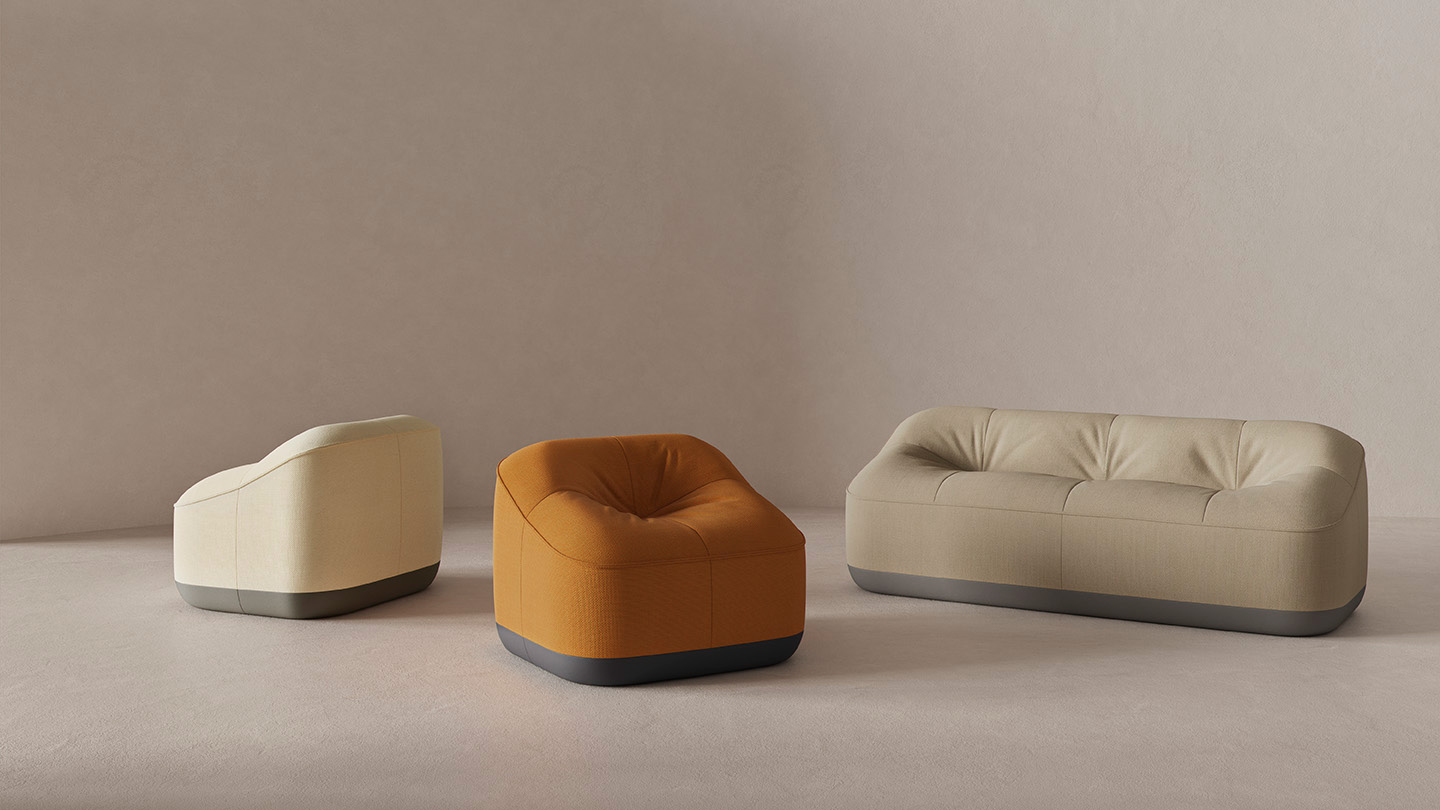 range of cubow collection furnitures with a beige sofa and a beige and a brown lounge chairs